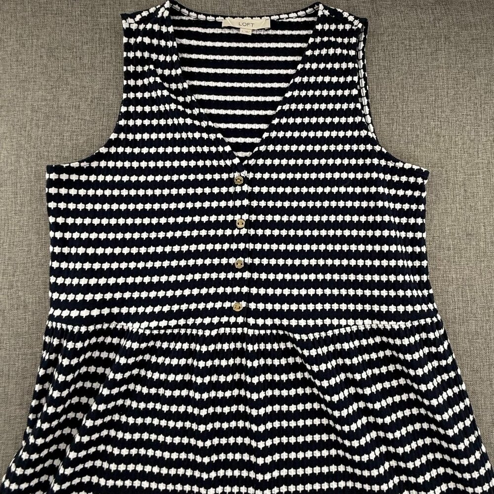 LOFT Jacquard swing Dress V-Neck Sleeveless Navy & White Large Cotton Blend - Picture 3 of 14